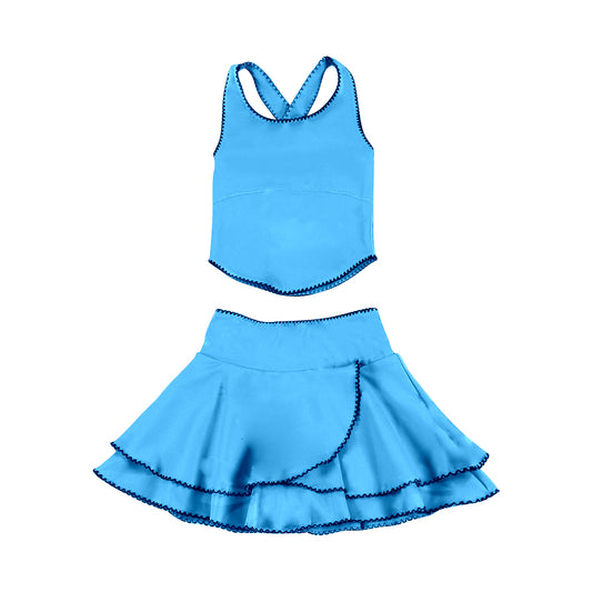 (Pre-order)GSD3330 Blue Color Tank Top Ruffle Skirts Girls Summer Yoga Clothes Set