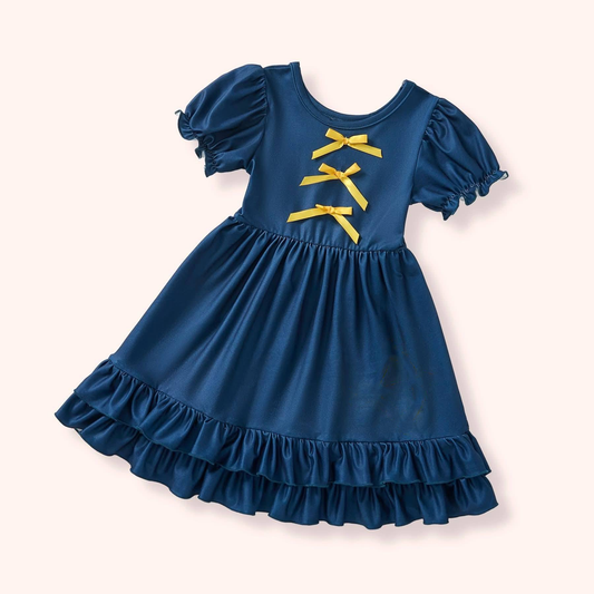 (Pre-order)GSD3338 Navy Color Cartoon Princess Girls Summer Knee Length Dress