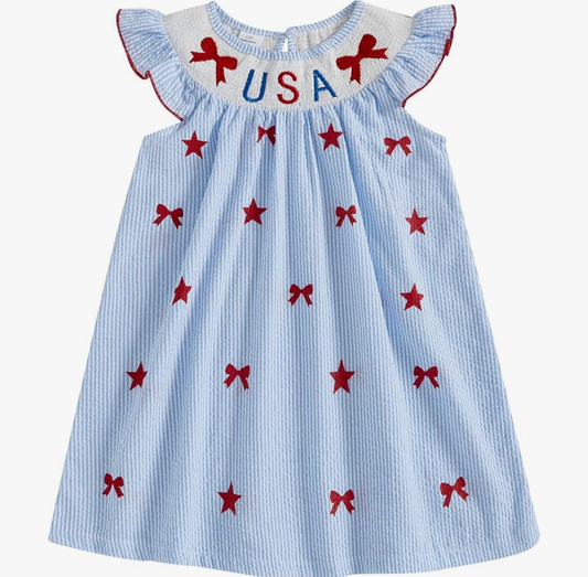 (Pre-order)GSD3341 Bows Stars USA Print Girls 4th of July Knee Length Dress