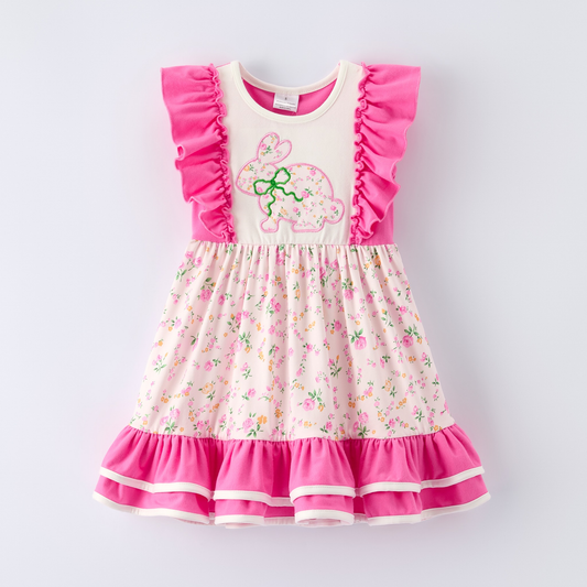 (Pre-order)GSD3343 Bunny Flowers Print Girls Easter Knee Length Dress