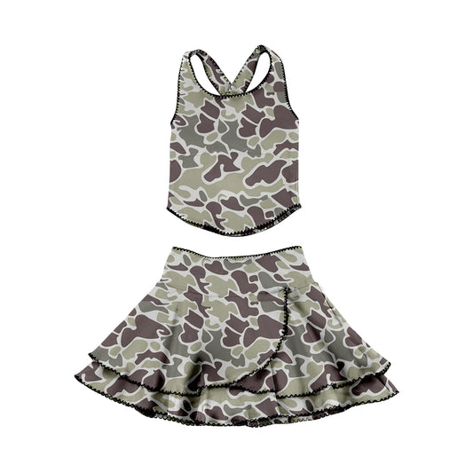 (Pre-order)GSD3352 Dark Brown Camo Top Ruffles Skirts Girls Summer Yoga Clothes Set