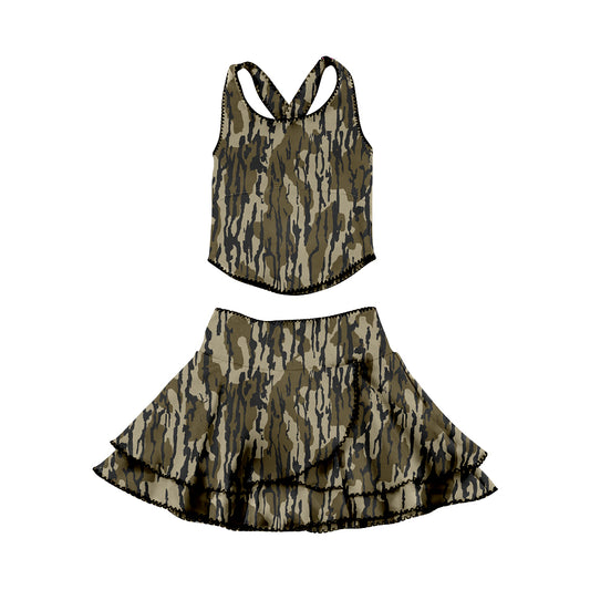 (Pre-order)GSD3353 Camo Top Ruffles Skirts Girls Summer Yoga Clothes Set
