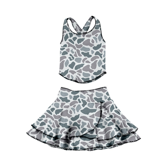 (Pre-order)GSD3354 Grey Camo Top Ruffles Skirts Girls Summer Yoga Clothes Set