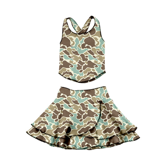 (Pre-order)GSD3355 Brown Blue Camo Top Ruffles Skirts Girls Summer Yoga Clothes Set