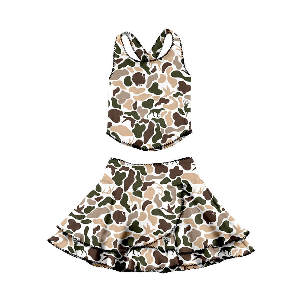 (Pre-order)GSD3357 Brown Khaki Camo Top Ruffles Skirts Girls Summer Yoga Clothes Set