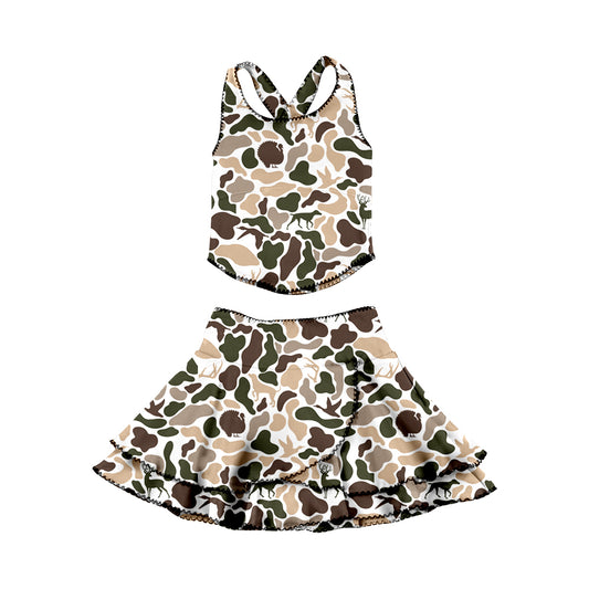 (Pre-order)GSD3357 Brown Khaki Camo Top Ruffles Skirts Girls Summer Yoga Clothes Set