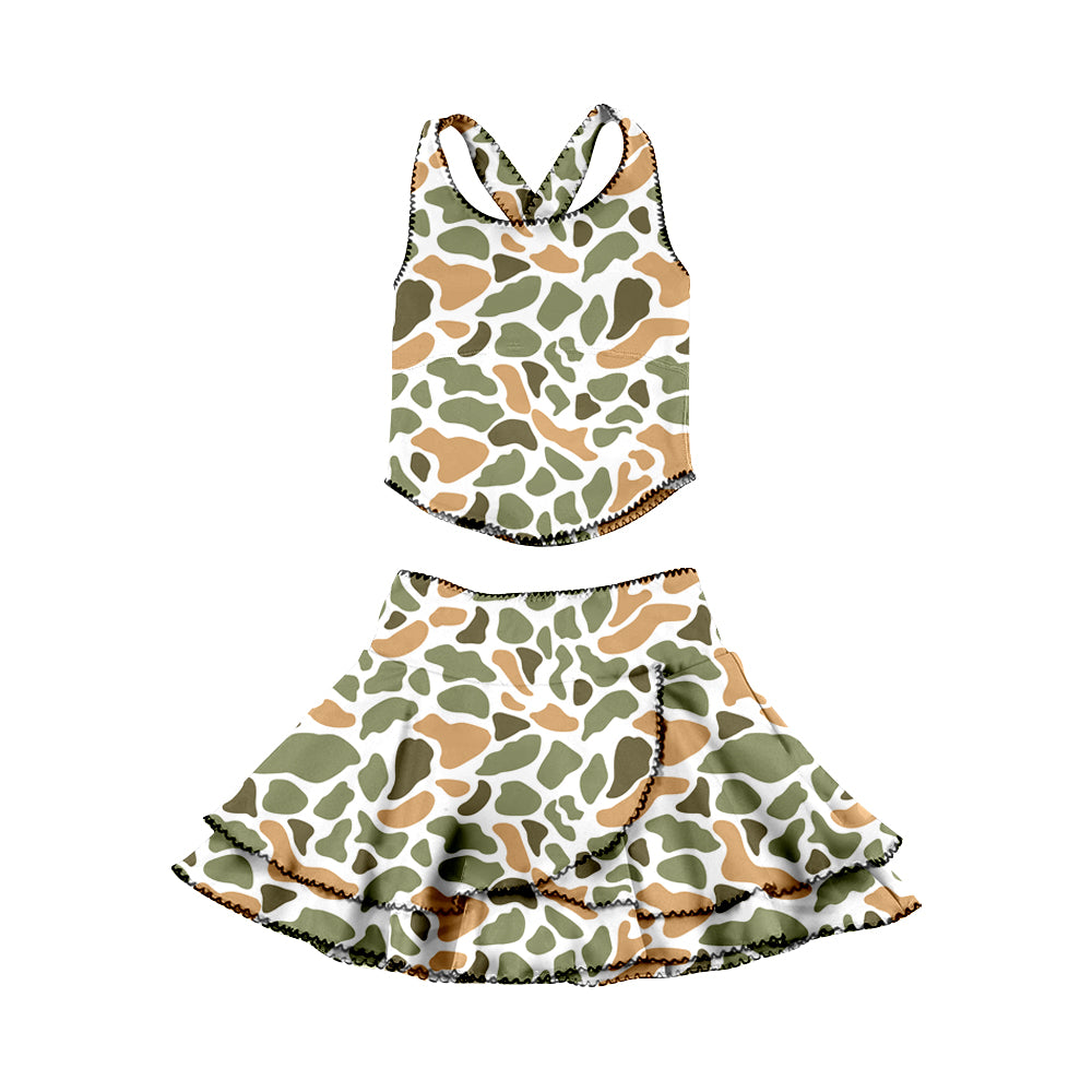 (Pre-order)GSD3358 Orange Green Camo Top Ruffles Skirts Girls Summer Yoga Clothes Set
