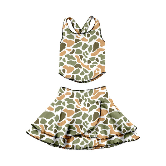 (Pre-order)GSD3358 Orange Green Camo Top Ruffles Skirts Girls Summer Yoga Clothes Set