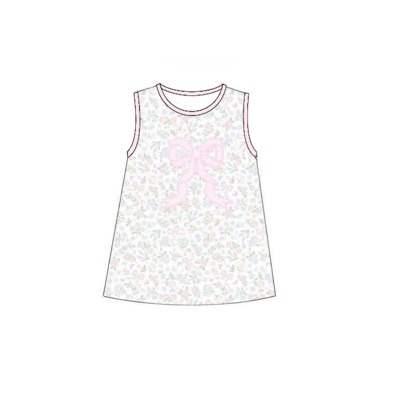 (Pre-order)GSD3361 Small Flowers Pink Bow Print Girls Summer Knee Length Dress