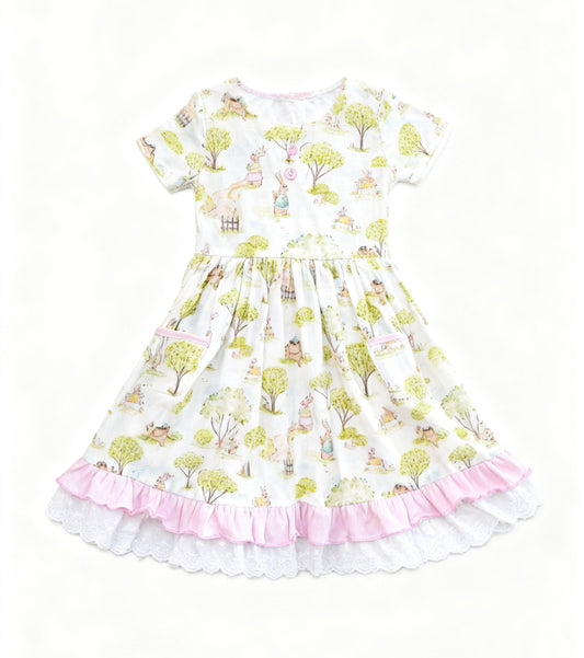 (Pre-order)GSD3364 Bunny Tree Print Girls Easter Knee Length Dress
