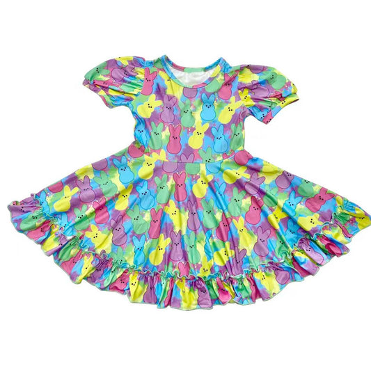 (Pre-order)GSD3365 Colorful Bunny Print Girls Easter Knee Length Dress