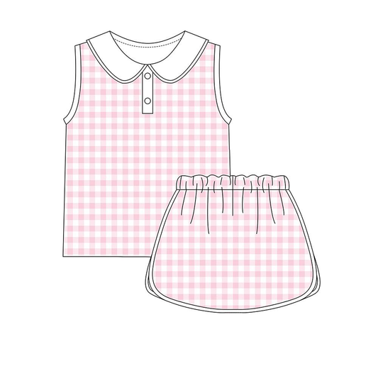 (Pre-order)GSD3374 Pink Plaid Vest Top Skirts Girls Summer Yoga Clothes Set