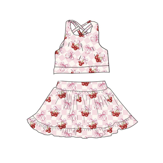 (Pre-order)GSD3379 Cartoon Mouse Cherry Bows Plaid Tank Top Skirts Girls Summer Yoga Clothes Set