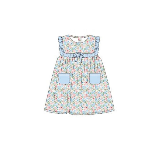 (Pre-order)GSD3381 Blue Pink Flowers Print Girls Pockets Summer Knee Length Dress