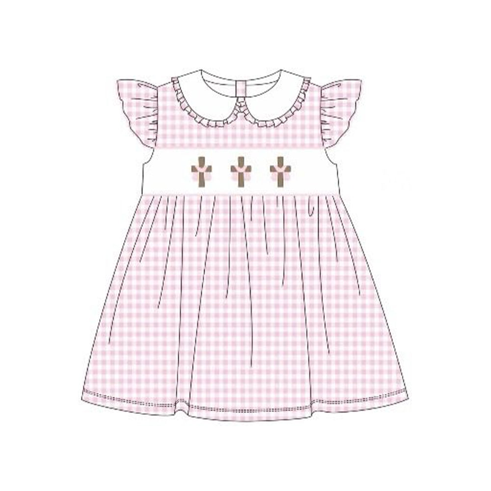 (Pre-order)GSD3382 Cross Pink Plaid Print Girls Easter Knee Length Dress