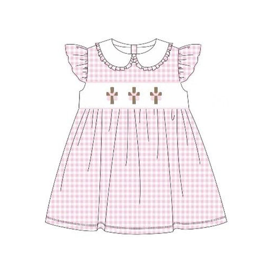 (Pre-order)GSD3382 Cross Pink Plaid Print Girls Easter Knee Length Dress
