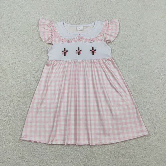 GSD3382 Cross Embroidery Pink Plaid Print Girls Easter Knee Length Dress