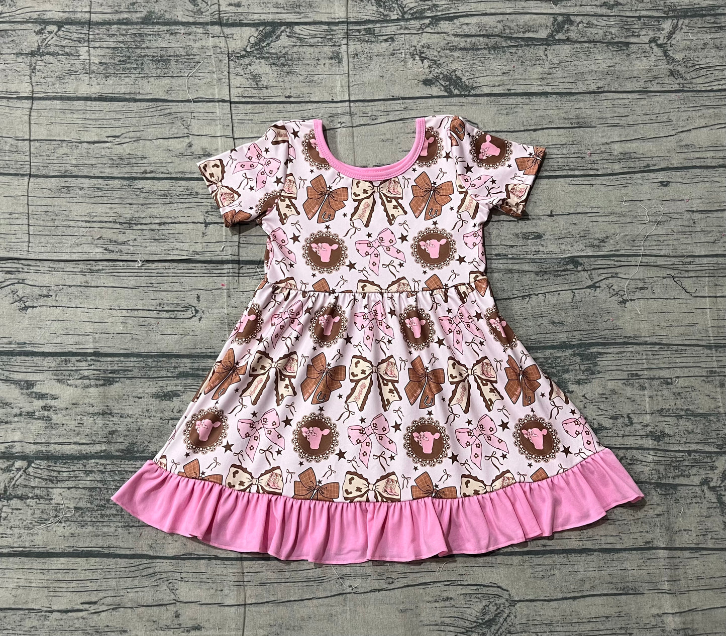 (Pre-order)GSD3384 Heifer Bows Pink Print Girls Summer Western Knee Length Dress