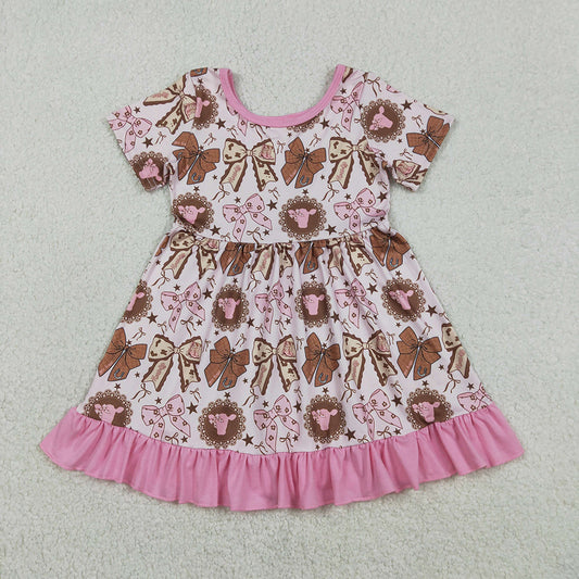 GSD3384 Heifer Bows Pink Print Girls Summer Western Knee Length Dress