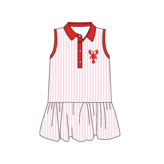 (Pre-order)GSD3386 Crayfish Stripes Print Girls Summer Knee Length Dress