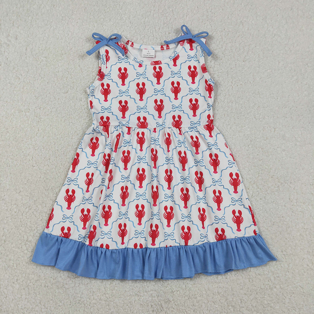 GSD3389 Crayfish Bows Print Girls Summer Knee Length Dress