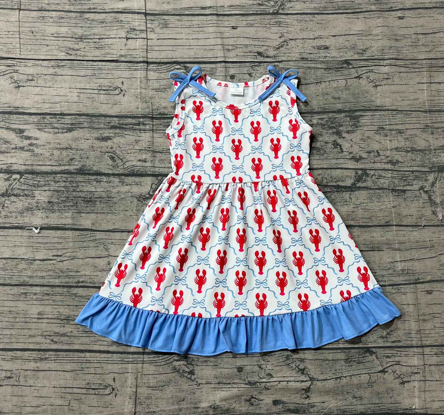 (Pre-order)GSD3389 Crayfish Bows Print Girls Summer Knee Length Dress