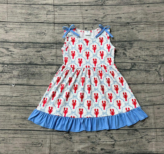 (Pre-order)GSD3389 Crayfish Bows Print Girls Summer Knee Length Dress