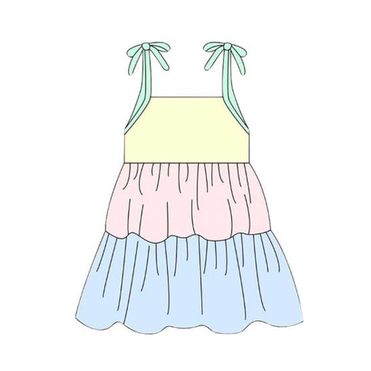 (Pre-order)GSD3393 Yellow Pink Blue Color Girls Summer Knee Length Strap Dress