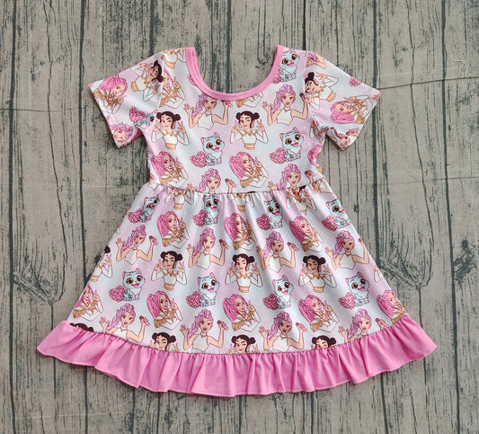 (Pre-order)GSD3394 Cartoon Demon Movie Pink Print Girls Summer Knee Length Dress