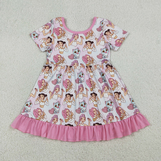 GSD3394 Cartoon Demon Movie Pink Print Girls Summer Knee Length Dress