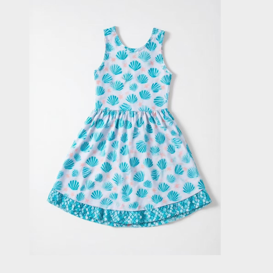 (Pre-order)GSD3396 Shell Blue Print Girls Summer Knee Length Dress