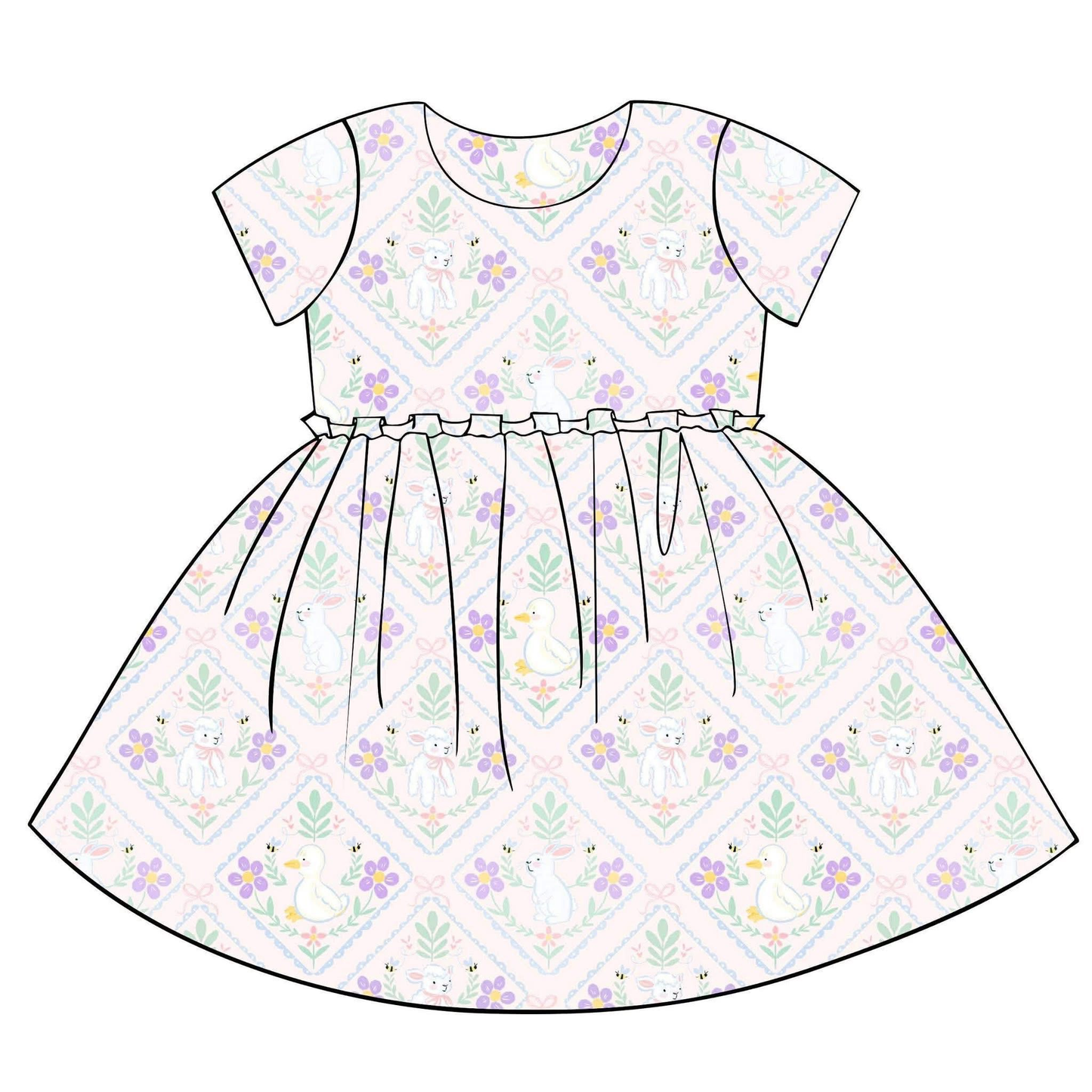 (Pre-order)GSD3399 Sheep Bunny Flowers Print Girls Easter Knee Length Dress