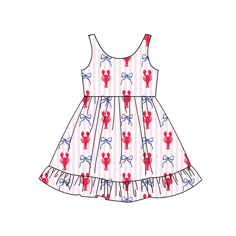 (Pre-order)GSD3402 Crayfish Bows Stripes Print Girls Summer Knee Length Dress