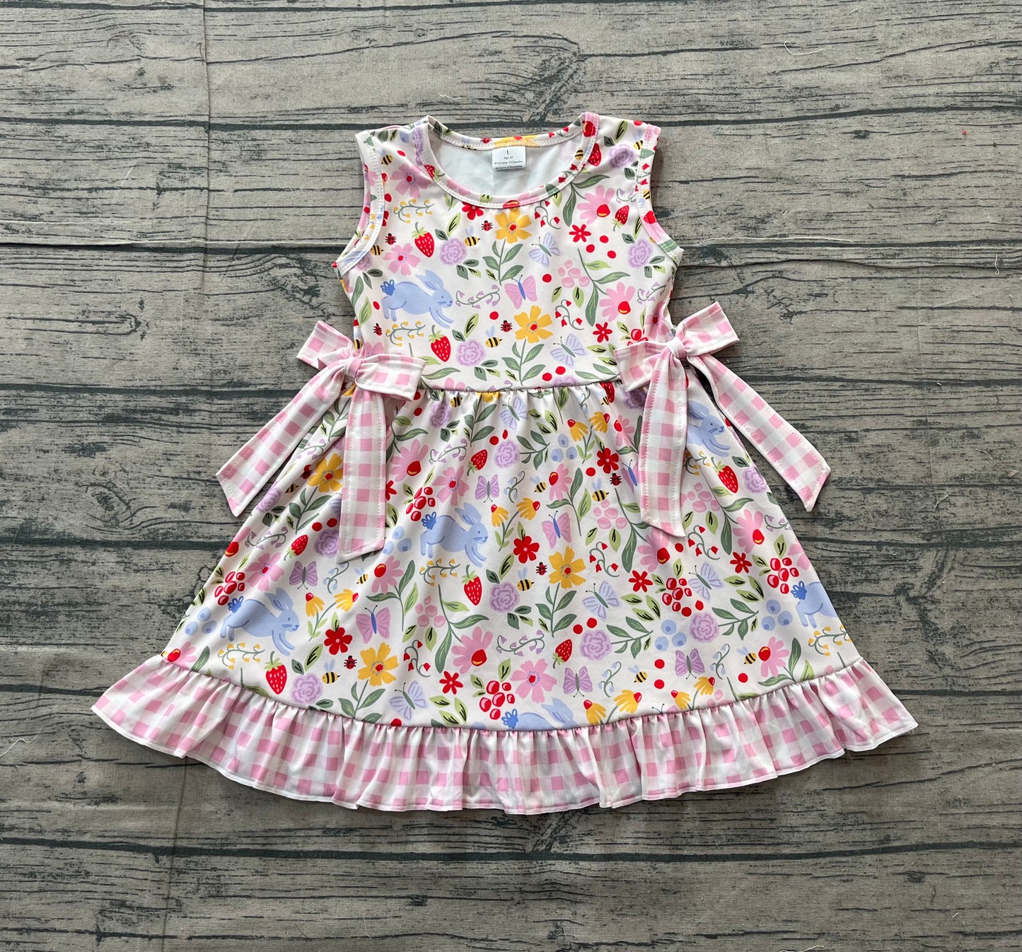 (Pre-order)GSD3405 Colorful Flowers Bunny Print Girls Easter Knee Length Dress