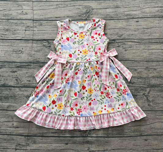 (Pre-order)GSD3405 Colorful Flowers Bunny Print Girls Easter Knee Length Dress