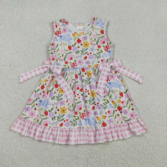 GSD3405 Bunny Colorful Flowers Print Girls Easter Knee Length Dress
