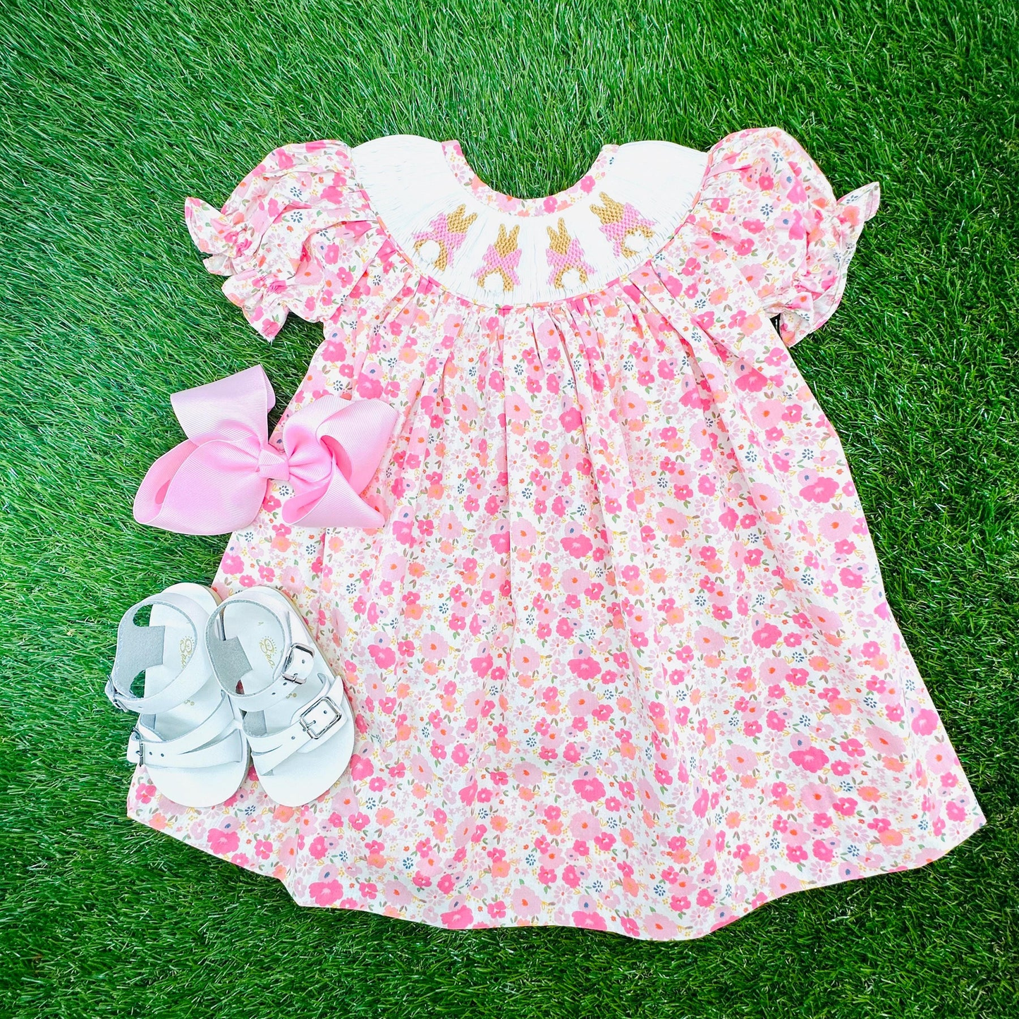(Pre-order)GSD3406 Bunny Flowers Pink Print Girls Easter Knee Length Dress
