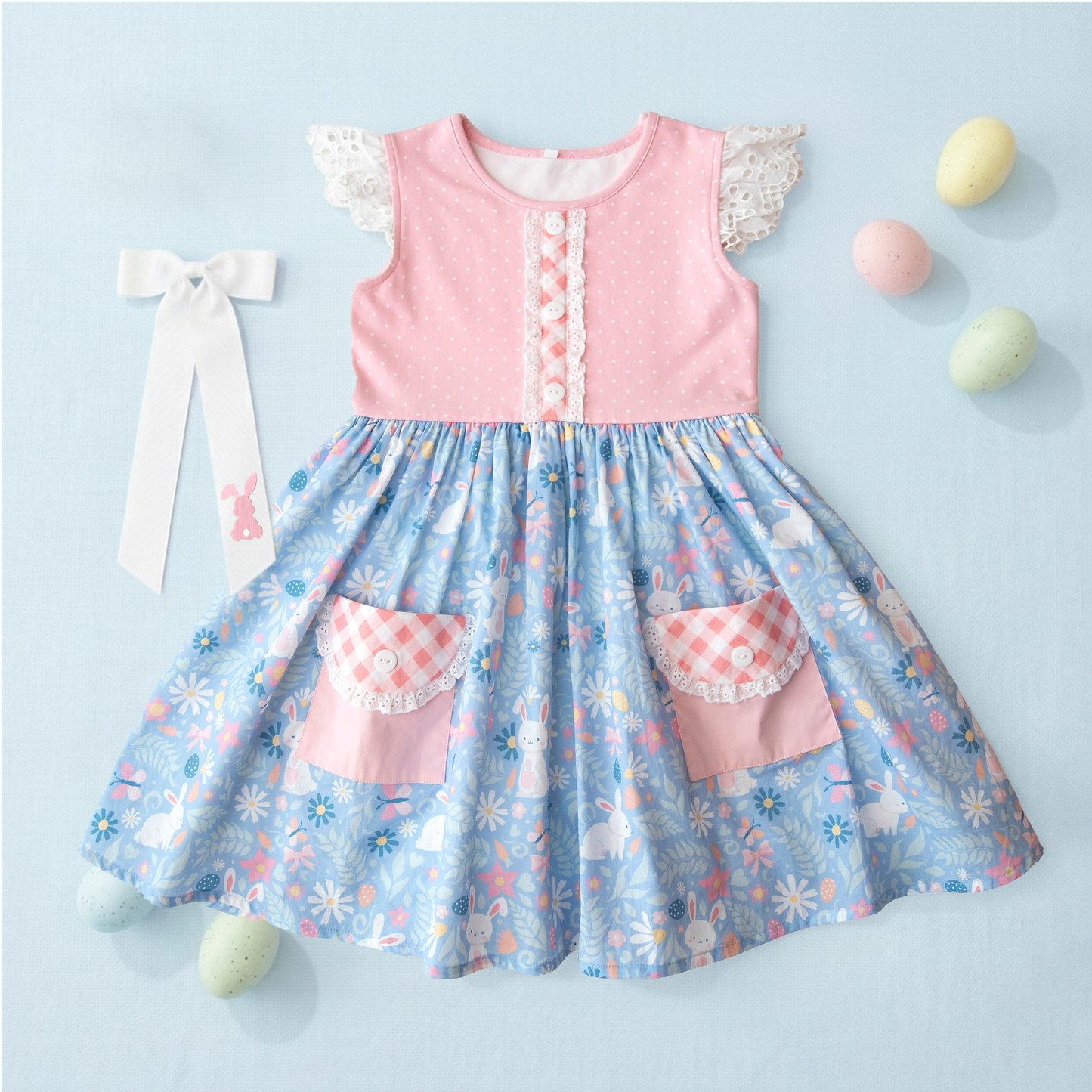 (Pre-order)GSD3412 Bunny Flowers Print Pockets Girls Easter Knee Length Dress