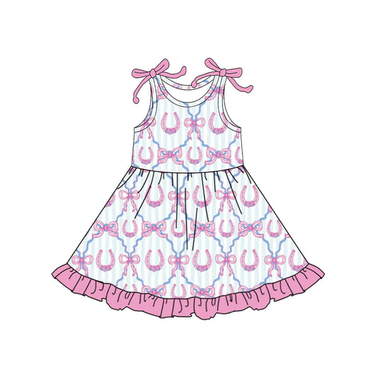 (Pre-order)GSD3414 Horseshoe Pink Bows Print Girls Summer Knee Length Dress