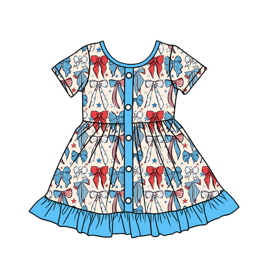 (Pre-order)GSD3415 Bows Stars Print Girls 4th of July Knee Length Dress