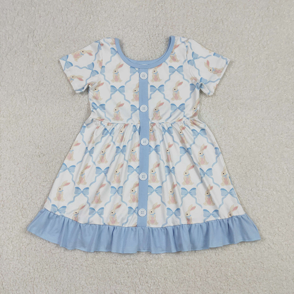 GSD3416 Bunny Blue Bows Print Girls Easter Knee Length Dress