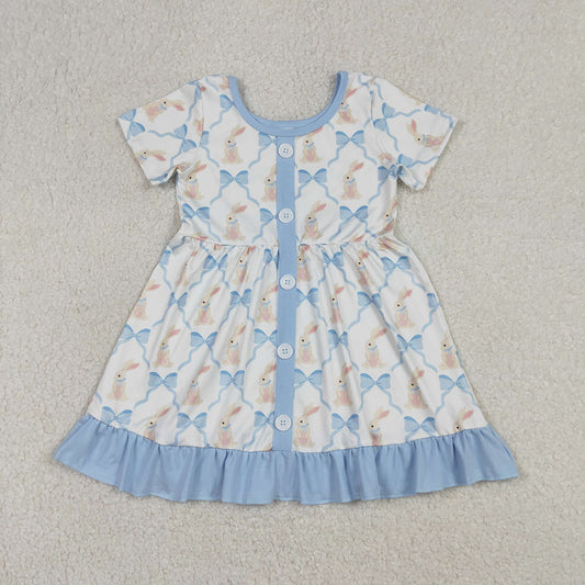 GSD3416 Bunny Blue Bows Print Girls Easter Knee Length Dress