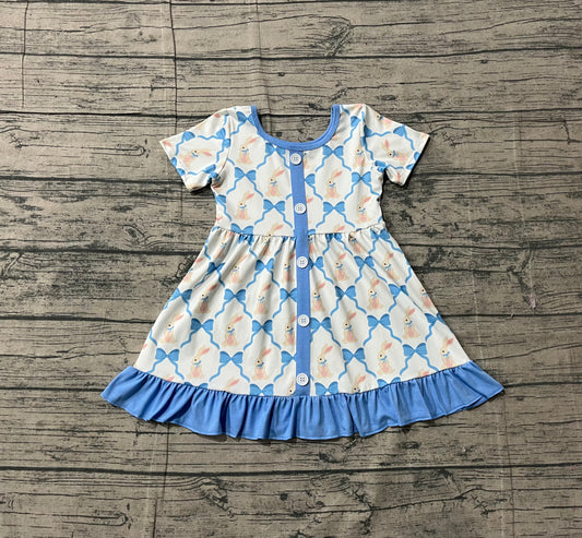 (Pre-order)GSD3416 Bunny Bows Print Girls Easter Knee Length Dress
