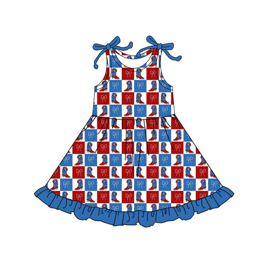 (Pre-order)GSD3417 Boots Bows Plaid Print Girls 4th of July Knee Length Dress