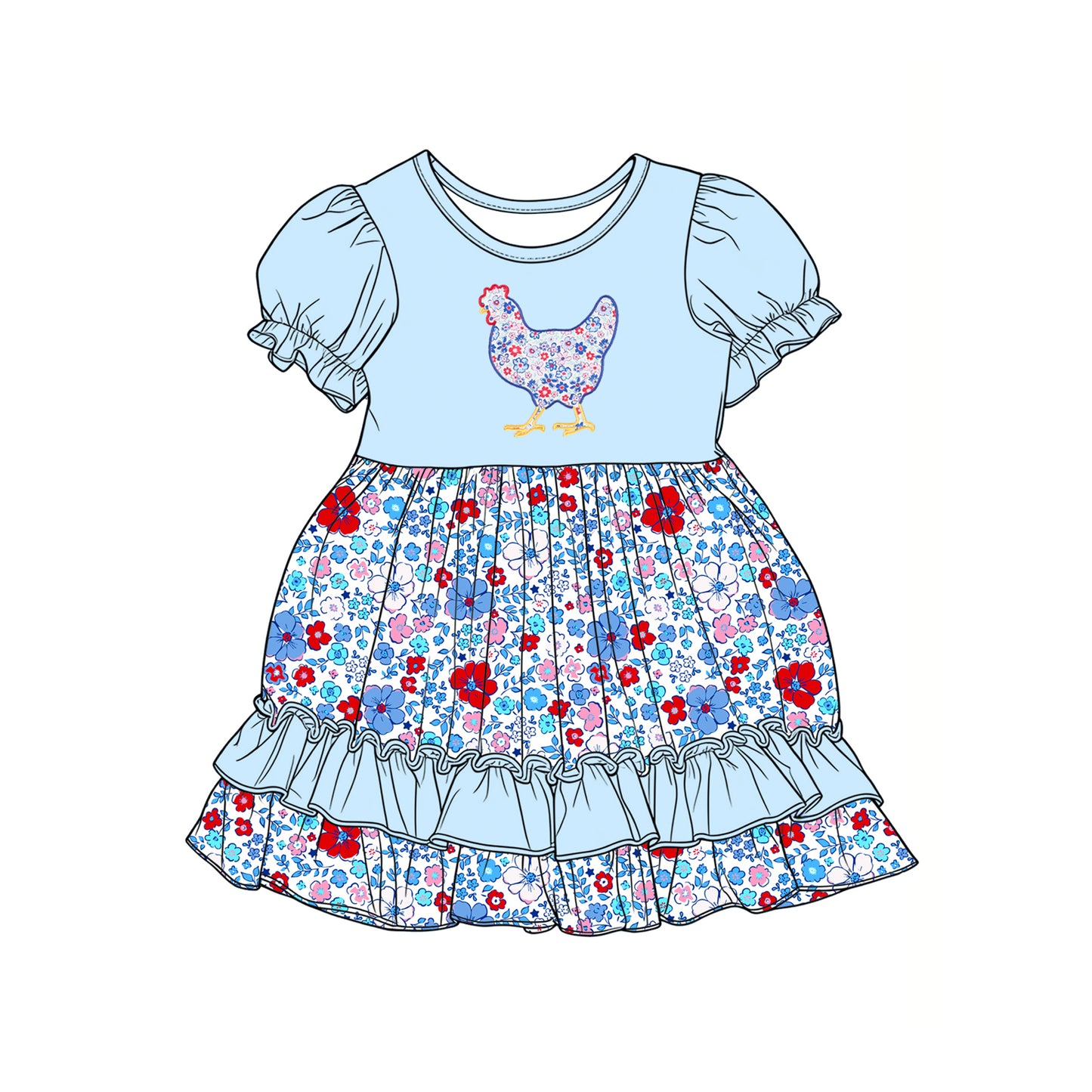 (Pre-order)GSD3418 Flowers Chicken Blue Print Girls 4th of July Knee Length Dress