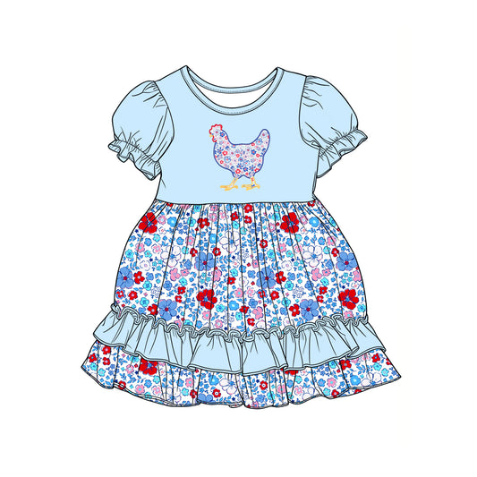 (Pre-order)GSD3418 Flowers Chicken Blue Print Girls 4th of July Knee Length Dress