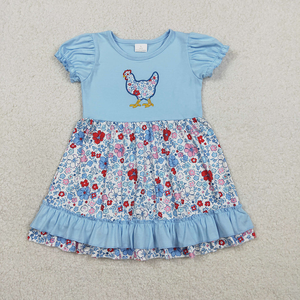 GSD3418 Chicken Embroidery Blue Flowers Girls 4th of July Knee Length Dress