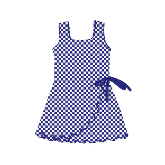 (Pre-order)GSD3426  Blue Plaid Print Girls Summer Knee Length Yoga Dress