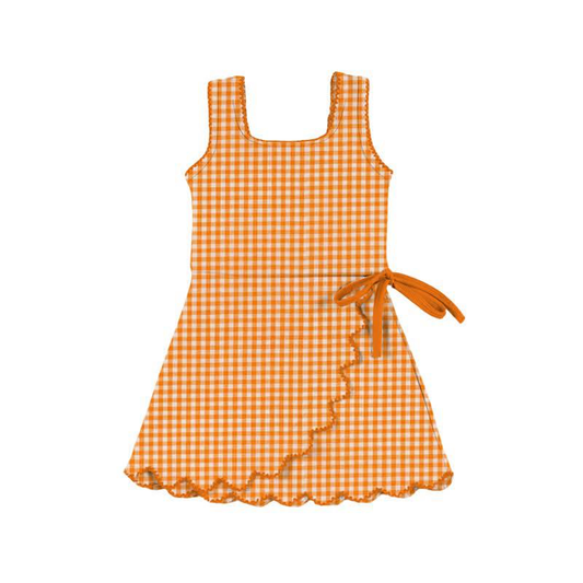 (Pre-order)GSD3429  Orange Small Plaid Print Girls Summer Knee Length Yoga Dress