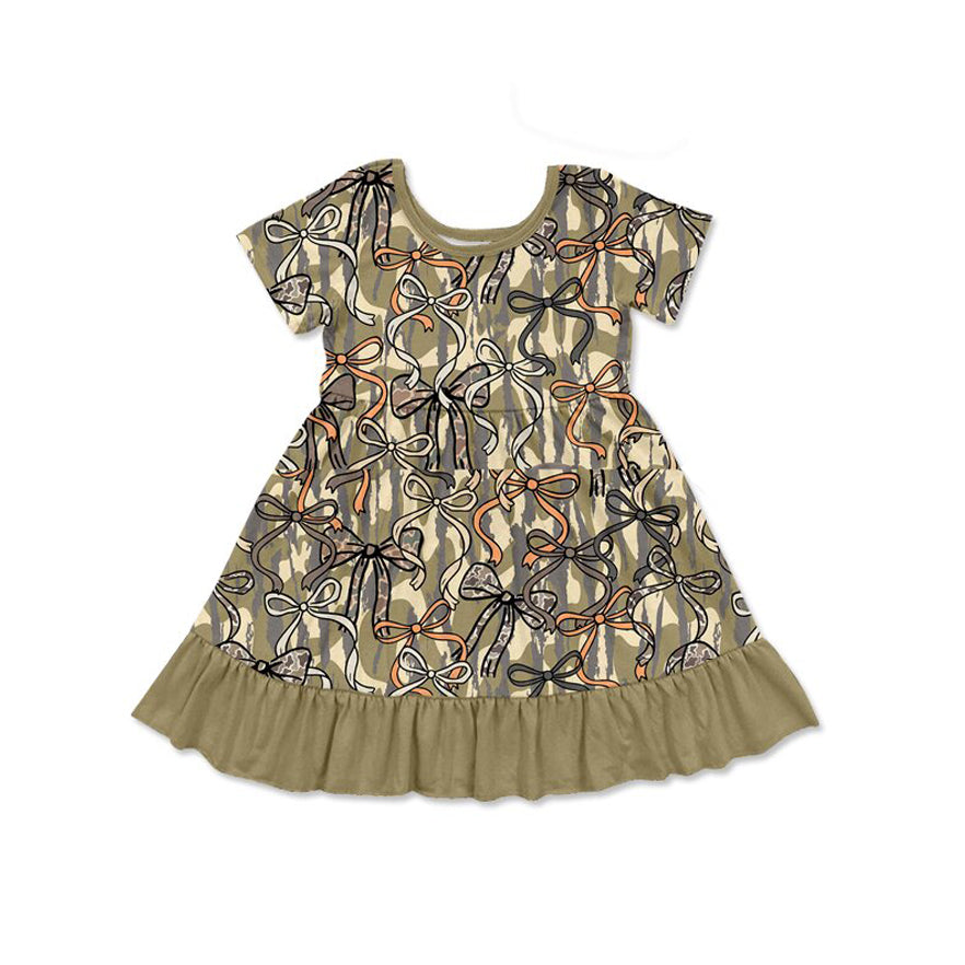 (Pre-order)GSD3432 Camo Bows Print Girls Summer Knee Length Dress